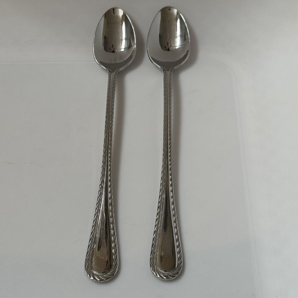 2pc Oneida Belmont-Lyons Iced Tea Spoons 7 1/2” Stainless Glossy Rope Edge China